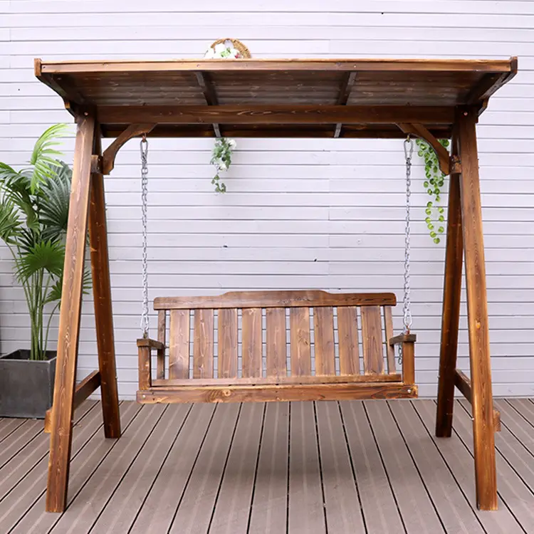 Courtyard Solid Wood Rocking Chair Anti-Corrosion Wooden Swing Double Adult Hanging Chair
