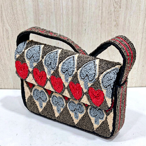 กระเป๋าถือ ALI FASHION ART ทำมือ ซักได้ ผลิตจากโพลีเอสเตอร์ ประดับลูกปัด รูปทรงสี่เหลี่ยมผืนผ้า สีแดง เทา ดำ ลายปักรูปหัวใจและจตุรัส ใช้ได้ทุกวัน - Product Image 1