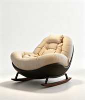 Fauteuil à bascule moderne inclinable beige avec coussin capitonné, base incurvée, pieds en bois, oreiller de tête ergonomique