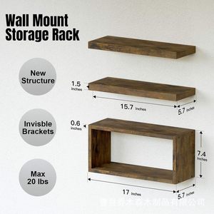 Solid Wood <b>Wall</b> <b>Mounted</b> Storage Rack 3 Tier Retro Wooden <b>Shelf</b> For Living Room Bedroom Bathroom Decorative Organizer - Product Image 4