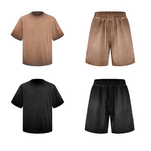 Conjunto de Camiseta y Pantalones Cortos Desgastados ALCLEVER, Estilo Americano, Teñido Inverso, Ropa Casual Versátil de Manga Corta para Primavera/Verano - Product Image 1