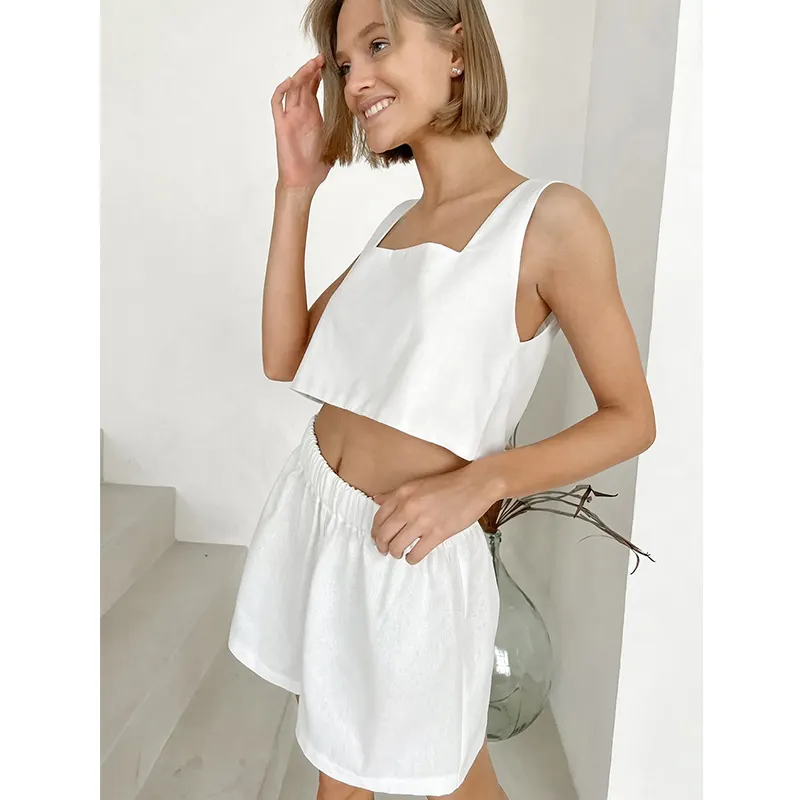 Wholesale-cotton-pajamas Summer Square Neck Woman Cotton Pajama Crop Top Set Nightwear For Women Pajamas Cotton