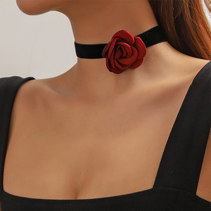 Moda mujer bonita fiesta hecha a mano tela elegante Cinta Negra cadena rojo rosa flor gargantilla Collar para mujer - Product Image 4