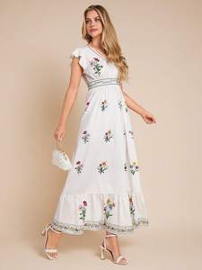 Robe maxi à manches courtes en coton 100% lavable, tissée blanche, taille haute, mode, brodée - Product Image 5