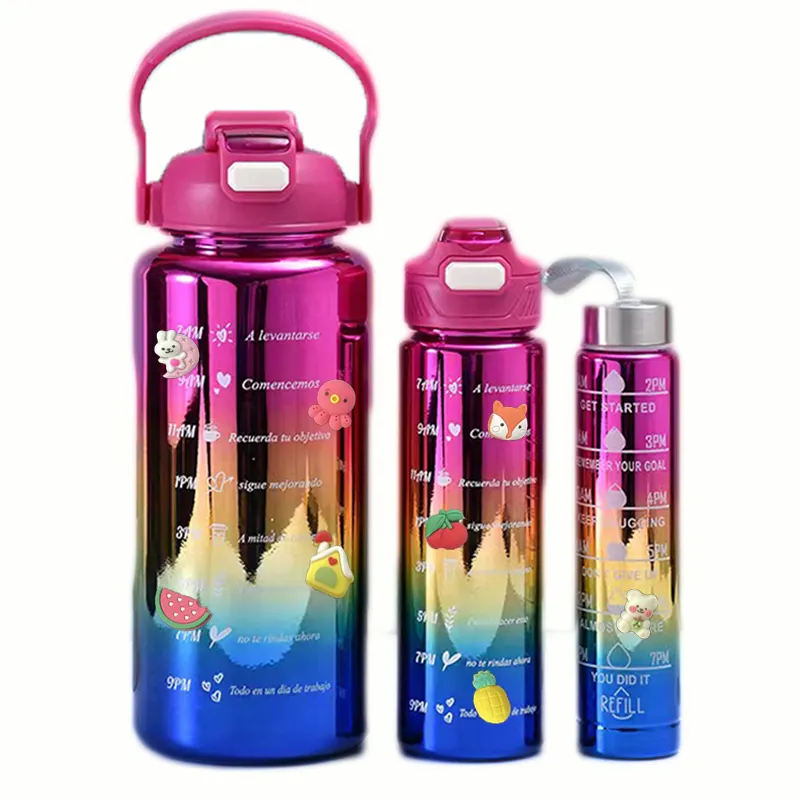 Juego de Botellas, Botella de Agua Motivacional, Color Metálico Plástico Galvanoplastia Color Gimnasio Deporte 64oz 2 Litros y 900ml PC