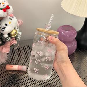 ピンクのリボン付きガラス製タンブラー、竹製の蓋とストロー付き、女の子への可愛いカワイイカップギフト - Product Image 4