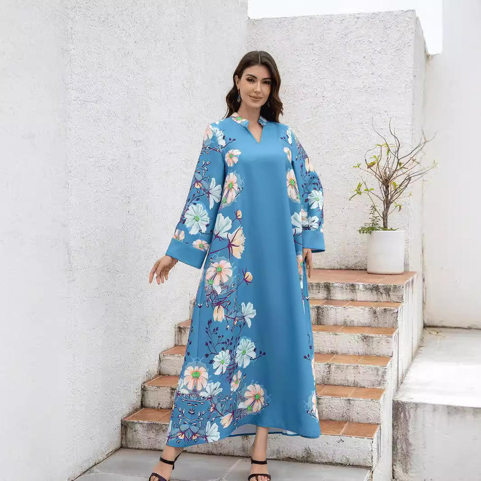 Vestido Abaya elegante de verano para mujeres musulmanas estilo americano y europeo estampado cinturón de perlas Jalabiya transfronteriza para poliéster