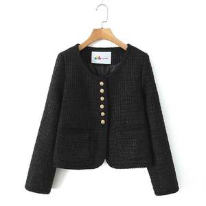Veste en tweed de style français Happy Plus avec boutons dorés, couleur unie, tissée, grande taille, veste de travail pour femmes N9051 - Product Image 2