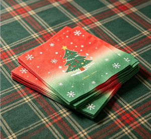 Serviettes jetables imprimées avec un motif d'arbre <span class=keywords><strong>de</strong></span> Noël dégradé rouge et vert à 3 plis, décoration <span class=keywords><strong>de</strong></span> <span class=keywords><strong>table</strong></span> pour fête <span class=keywords><strong>de</strong></span> Noël - Product Image 1
