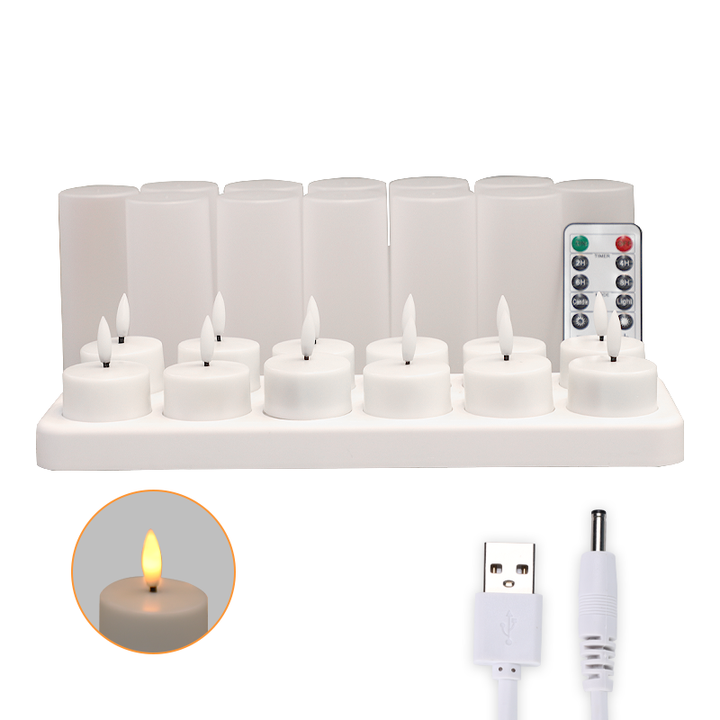Set of 12 Remote Control USB Flickering 3D Bullet Flameless Rechargeable LED Candle Tealight with Chargeing Base and White Cup