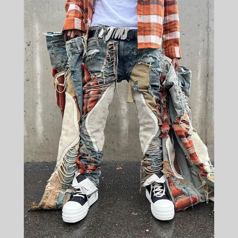 DiZNEW American street motorcycle spliced holes heavy worn embroidery men's jeans with hip hop loose straight leg stretch pants