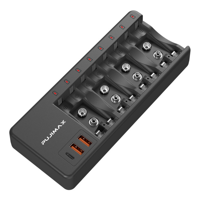 PUJIMAX Smart Multi-Slot Portable Rechargeable AA AAA 1.2V & 9V Lithium Battery Charger with USB Type-C Output LED Illumination