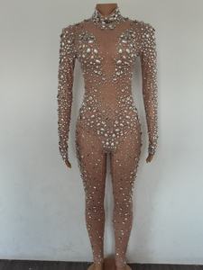 Gemerlap Lengan Panjang Berlian Imitasi Mutiara Payet Tari Telanjang Triko Wanita Bodycon Mesh Bodysuit Wanita <span class=keywords><strong>Prom</strong></span> Klub Jumpsuit Satu Potong - Product Image 3