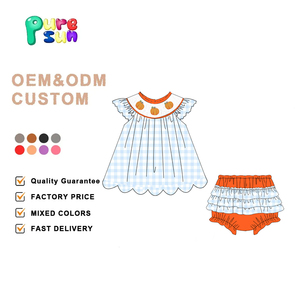 Tenues d'automne pour fillettes, ensembles de vêtements pour enfants, vêtements personnalisés à thème citrouille d'Halloween avec smocks - Product Image 2