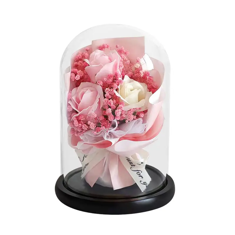 Factory Wholesale Forever Roses Glass Dome Enchanted Belle Preserved Baby Breath Bouquet LED Light Valentine's Day 2024 Gift