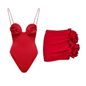 2023 Новый Цельный купальник с 3D цветочным декором на бретельках сплошной цвет бикини сексуальный купальник юбка брюки комплект Женская пляжная одежда