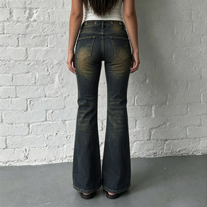 Vaqueros de mujer de tiro bajo con pierna acampanada, lavado oscuro, estilo vintage desgastado, con ojales metálicos, pantalones de mezclilla, estilo Y2K, streetwear, casuales - Product Image 4