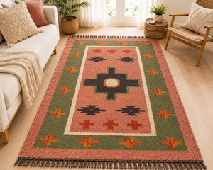 Alfombra Boho Marroquí Geométrica Rosa |   Alfombra Tribal Hecha a Mano de Lana y Yute para Decoración de Dormitorio, Sala de Estar o Pasillo de Estilo Rústico - Product Image 1