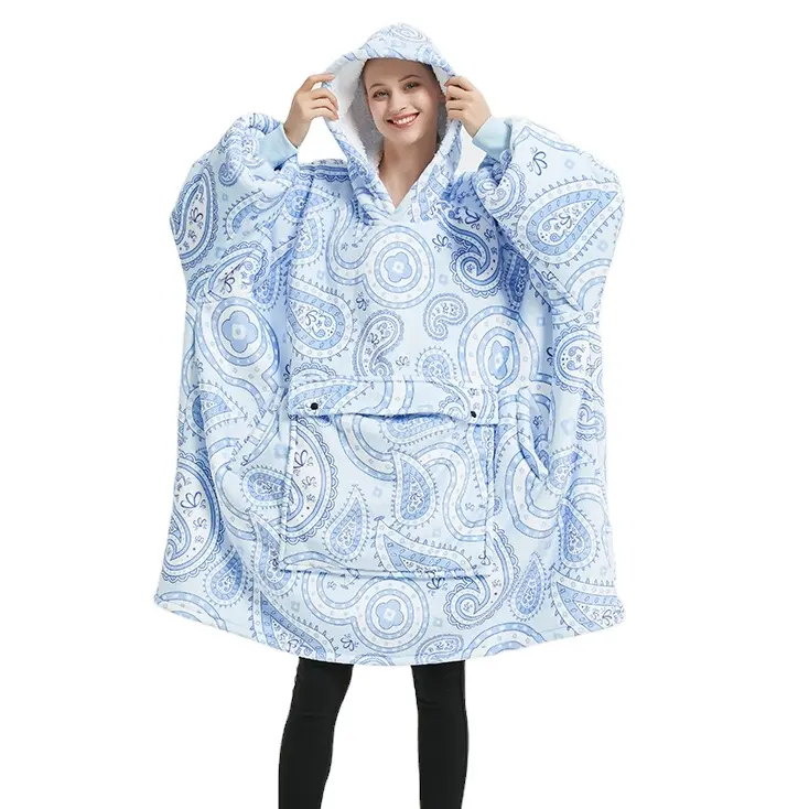 Kunden spezifische Paisley Blue Printing Unisex Outdoor Home Wear Weiche Winter Warme tragbare übergroße Hoodie-Decke