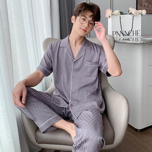 2022 été Nighty Designs hommes pyjamas glace soie à manches courtes tailleur-pantalon couleur unie Jacquard Pj ensemble revers grande taille vêtements de nuit - Product Image 3