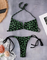 Maillot de bain Sexy imprimé feuilles de mauvaises herbes, ensemble deux pièces, culotte tanga, Logo personnalisé, costume de bain, Sexy, 2021