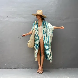 Elegant Printed Casual Beach Boho Women's Duster Coat, Loose Sleeve Kaftan Cover Up Cardigan Kimonos For Lady