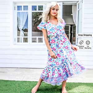 Robe décontractée pour femme, imprimé floral bohème, en rayonne, mi-mollet, col en V, manches courtes, coupe trapèze, écologique, grande taille, respirante - Product Image 1