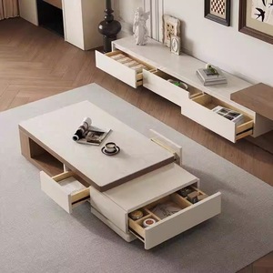 Set di Mobili Moderni per Casa, Lussuosi Armadietti con Cassetti, <span class=keywords><strong>Tavolino</strong></span> da Caffè con Struttura in Legno Massello, Mobile <span class=keywords><strong>TV</strong></span> con Combinazione a Pavimento <span class=keywords><strong>Basso</strong></span> per Soggiorno - Product Image 3