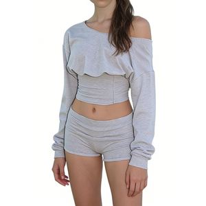 Dames Off Shoulder 2-delige Set - Lange Mouwen Kant-up Corset Top & Hoge Taille Shorts Dames Sets Dameskleding Sehe Fashion - Product Image 1