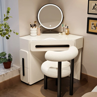 Coiffeuse moderne en bois de pin avec miroir LED tactile éclairé, table de maquillage triangulaire et armoire de rangement intégrée