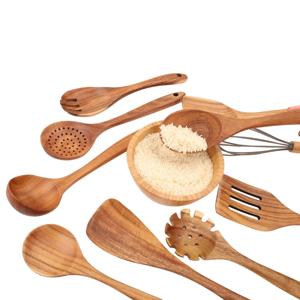 Non Stick Kitchen Teak Wood Cook Tools Set Spoon Spatula Kitchen Acacia Wooden Cooking Utensils Set