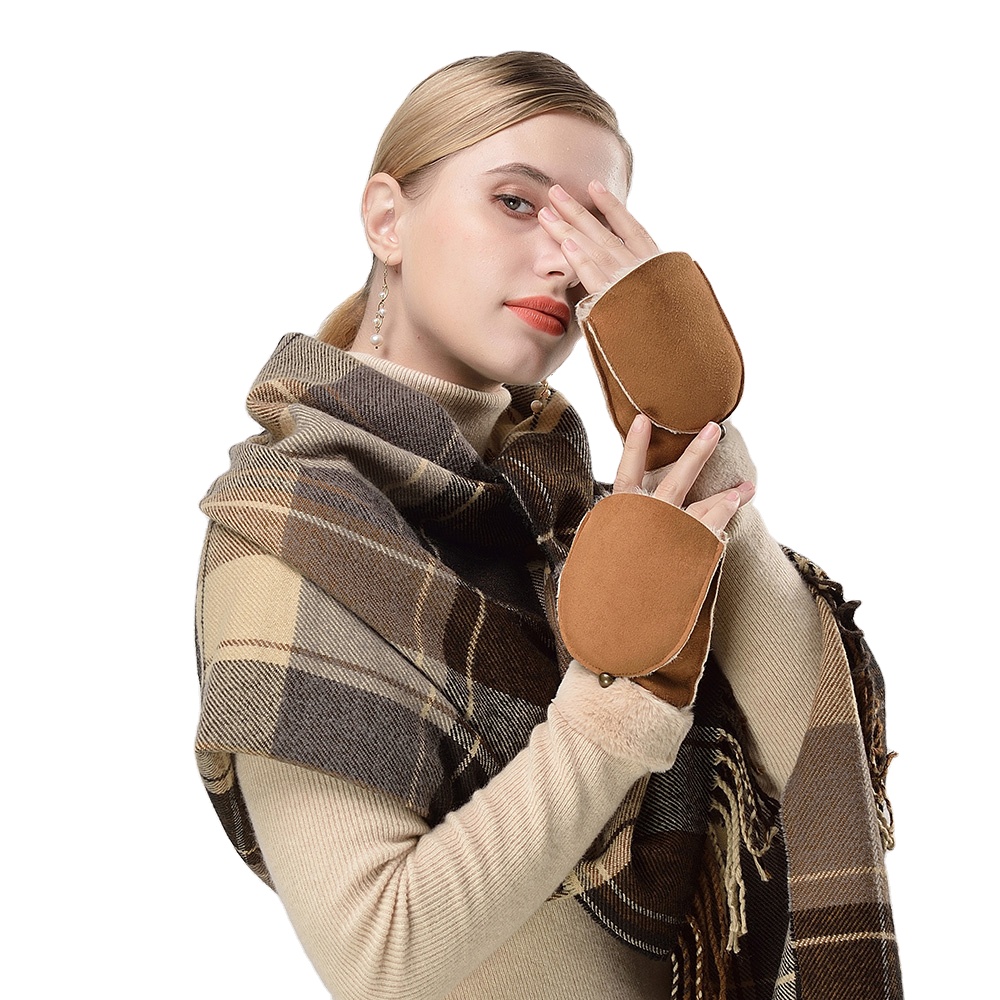 Плотные мягкие женские модные зимние вязаные перчатки с шапкой без пальцев