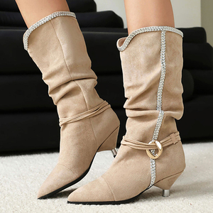 Big Size 46 Pleated Suede Ankle <b>Boots</b> Low Spike Heels Women Braid Shoes Pointy Toe Leopard Pattern Short Booties - Product Image 2