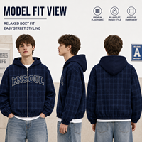 Sweat à capuche zippé personnalisé à carreaux pour homme, couleur unie, avec broderie appliquée, coupe ample, style streetwear, vêtement d'extérieur automne