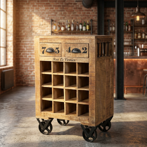 <b>Rustic</b> Solid Wood Wine Storage <b>Cabinet</b> with 2 Drawers and Casters for Home Bar Living Room Furniture - Product Image 2