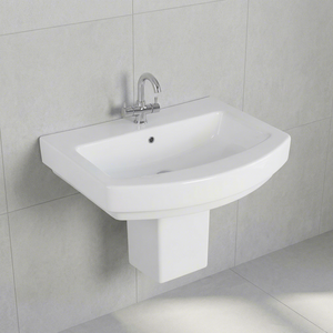 Budget Friendly 9L Capacity <b>Wall</b> Suspended Half Pedestal Ceramic Wash Basin Sink For Commercial Mall - Product Image 1
