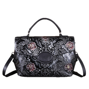 Ando Bag Genuine Leather Vintage Floral Embossed <b>Handbag</b> Top <b>Handle</b> Shoulder Crossbody Purse for Women - Product Image 5