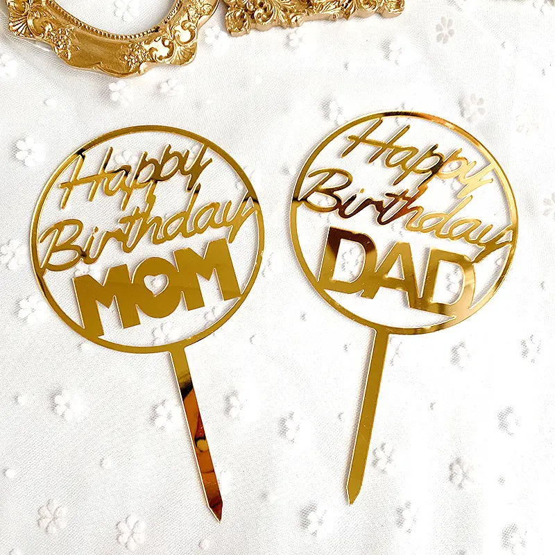 Venta al por mayor personalizado Feliz cumpleaños mamá papá acrílico pastel insertar decoración vertical oro cumpleaños pastel Topper