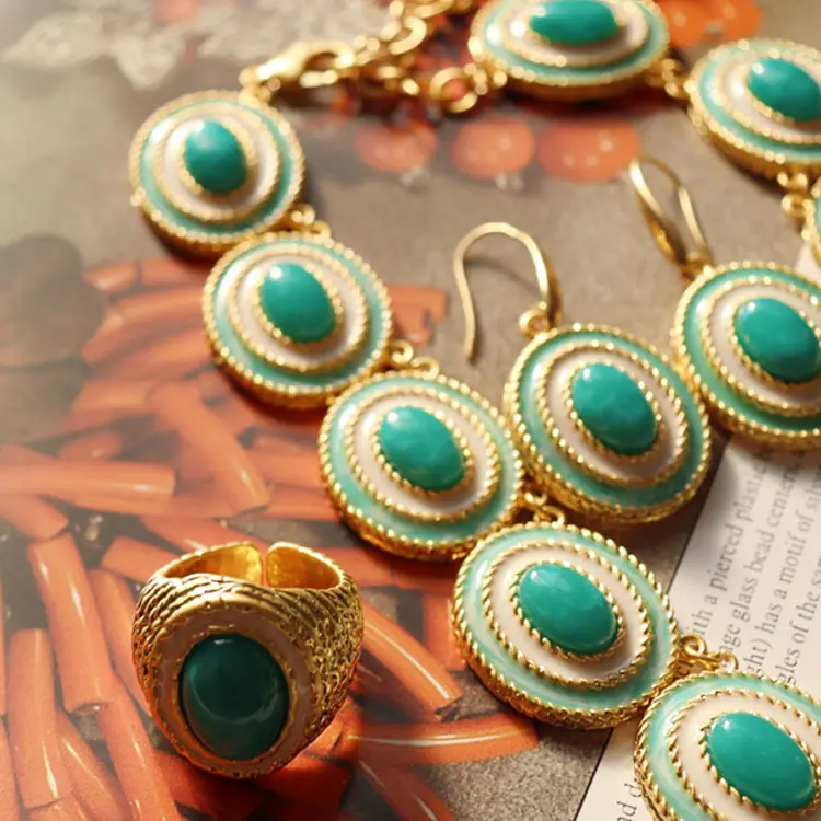 204 Nieuwe Franse Stijl Vergulde Natuurlijke Iran Turquoise Stenen Ringen Sieraden Kettingen Sets Oorbellen Voor Vrouwen