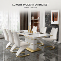Ensemble de table et chaises de salle à manger en marbre de luxe, plateau en pierre frittée avec base en acier inoxydable doré, meubles de salle à manger