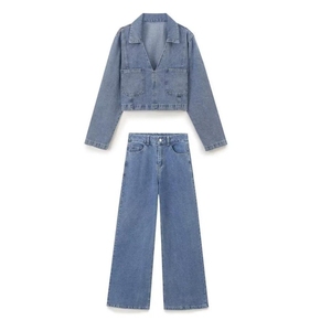 Hot Sale Turn <b>Down</b> Collar V Neck Long Sleeve Pockets Loose Straight <b>Pants</b> Denim Sets Women Fashion - Product Image 1