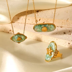 Collana con ciondolo a conchiglia in acciaio inossidabile stile vacanza oceanica europeo-americano e anello aperto a stella marina, gioielli - Product Image 3