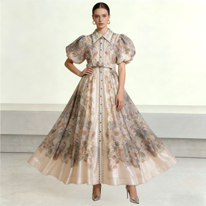 Abito Lungo Vintage di Alta Qualità con Stampa Floreale e Maniche a Sbuffo, Elegante Vestito a Vita Alta Linea A <span class=keywords><strong>per</strong></span> Ospiti di Matrimoni e Feste - Product Image 1