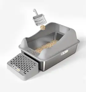 2024 New Style Semi Enclosed Stainless Steel Cat Kitty Litter Box With High Walls Lid