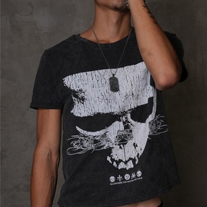 Custom Vintage Wash Skull Graphic Streetwear <b>Gothic</b> Grunge Oversized Unisex Heavyweight Cotton T <b>Shirt</b> for Men OEM ODM - Product Image 1