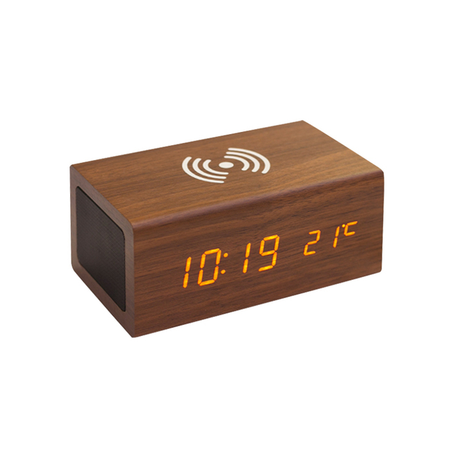 Smart Desktop Led Digital Speaker Clock Machine Wooden Desk Office Wireless Charger Alarm Clock
