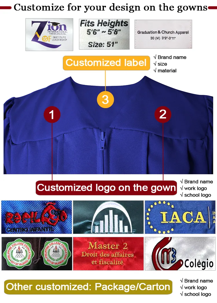 Personalizzare il Set di abiti e berretti di laurea blu Royal Matte del liceo