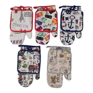 Heat-Resistant Printed Cotton Oven Mitts Kitchen Pot Holder Sets With Linen Gloves For BBQ And Work