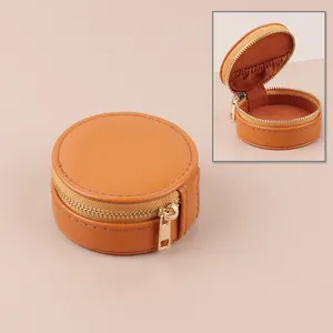 Small Jewellers Accessories Zipped Travel Case Diameter 7cm Jewelry Round Leather Case