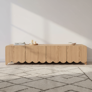 Meubles <span class=keywords><strong>TV</strong></span> en bois naturel avec design ondulé, 180 cm, grand meuble <span class=keywords><strong>TV</strong></span> en bois à 4 portes pour salon - Product Image 1